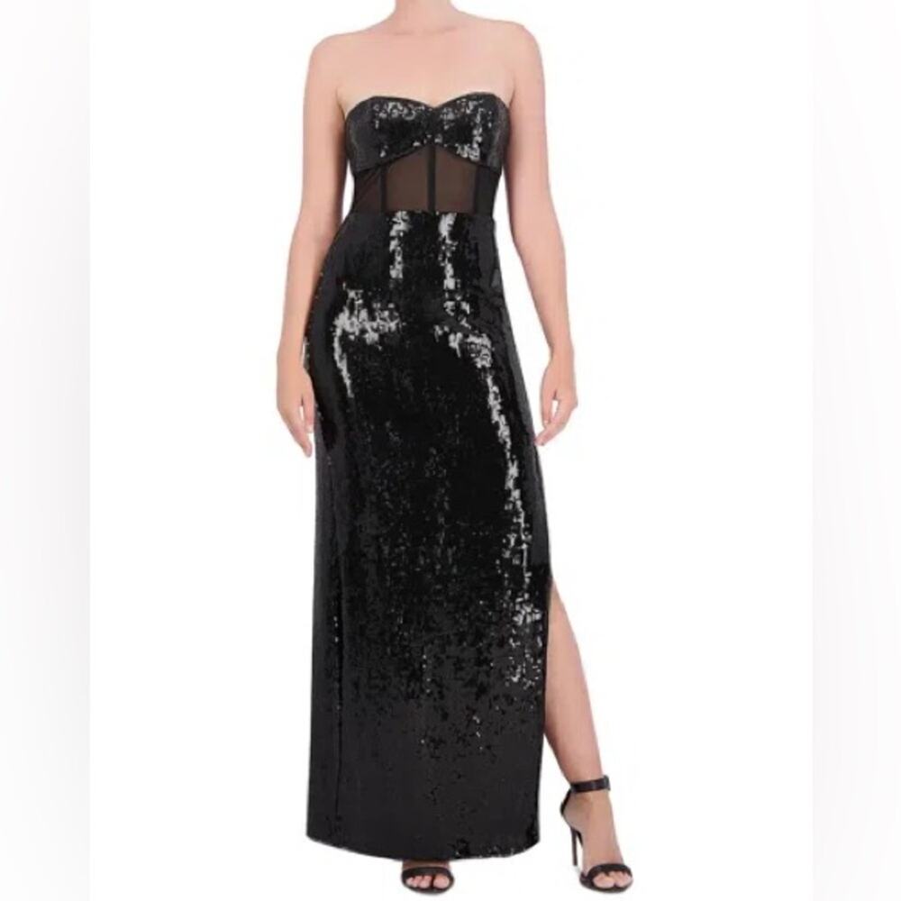 BCBGMAXAZRIA Juno Strapless Bustier Sequin Gown Black Women’s Sz 2